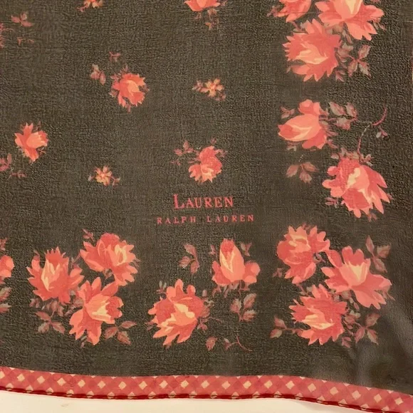 VINTAGE 90s RALPH LAUREN Black Cranberry Red and White Chiffon Square Scarf - Picture 7 of 9